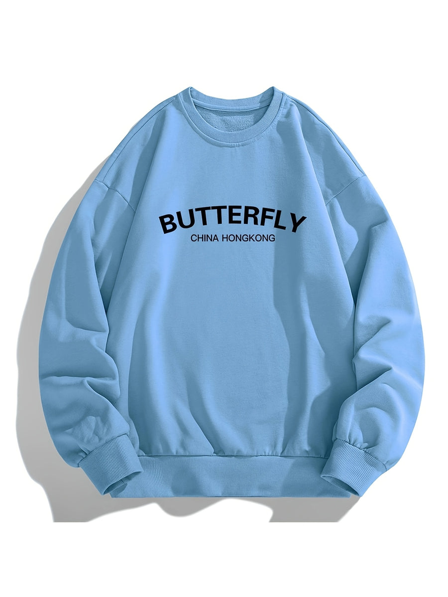 Men'S Crew Neck Sweatshirt, Spring And Autumn Hong Kong Style Letter Print Pullover Top, Youth Loose Casual Versatile Long Sleeve Base Shirt - Sky Blue