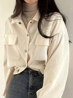 Beautiful Ladies' Jacket On, New Valentine'S Day Arrivals, Women'S Jacket Discounts, Solid Color Corduroy Pocket Lapel Long-Sleeved Coat Casual Jacket Cardigan, Suitable for Casual to Semi-Formal Attire, Layered Wear, Classic Design - Off-white