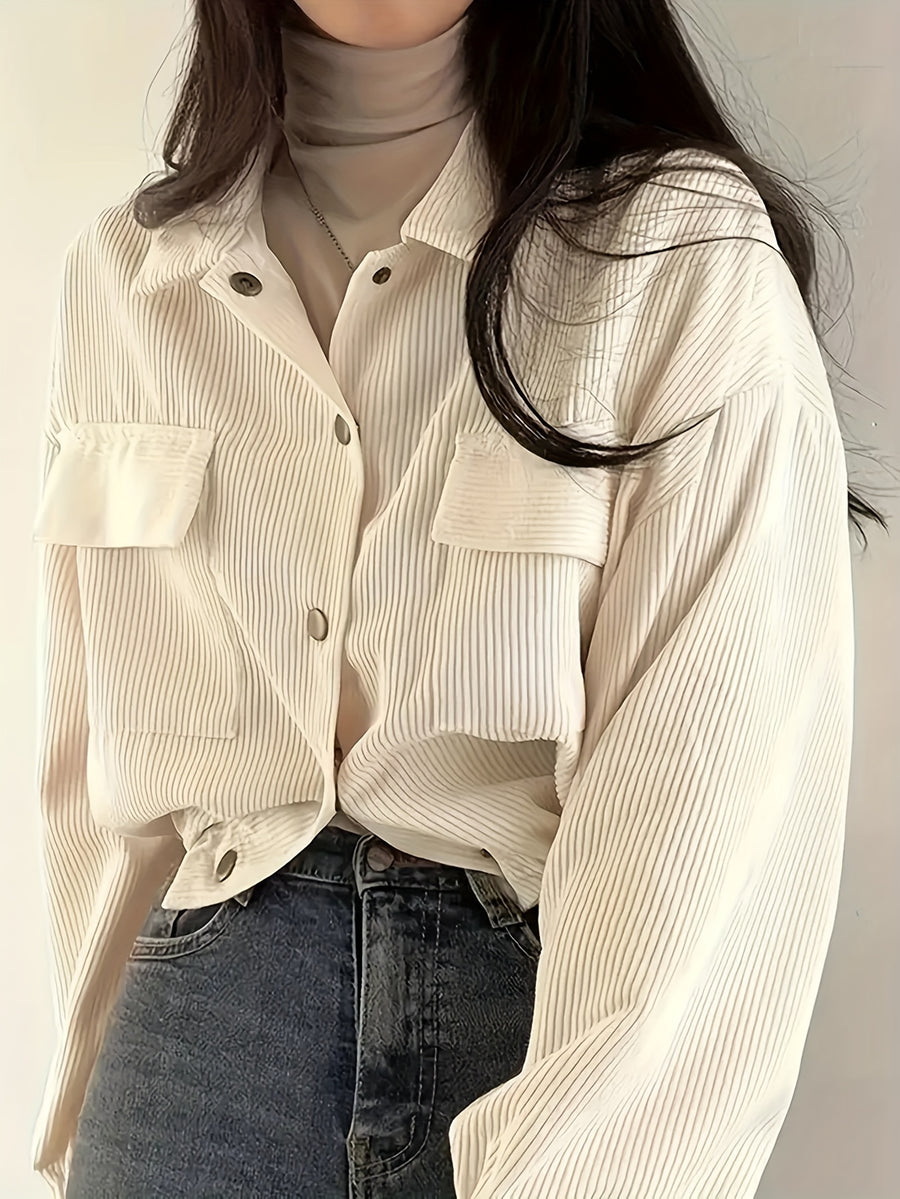 Beautiful Ladies' Jacket On, New Valentine'S Day Arrivals, Women'S Jacket Discounts, Solid Color Corduroy Pocket Lapel Long-Sleeved Coat Casual Jacket Cardigan, Suitable for Casual to Semi-Formal Attire, Layered Wear, Classic Design - Off-white