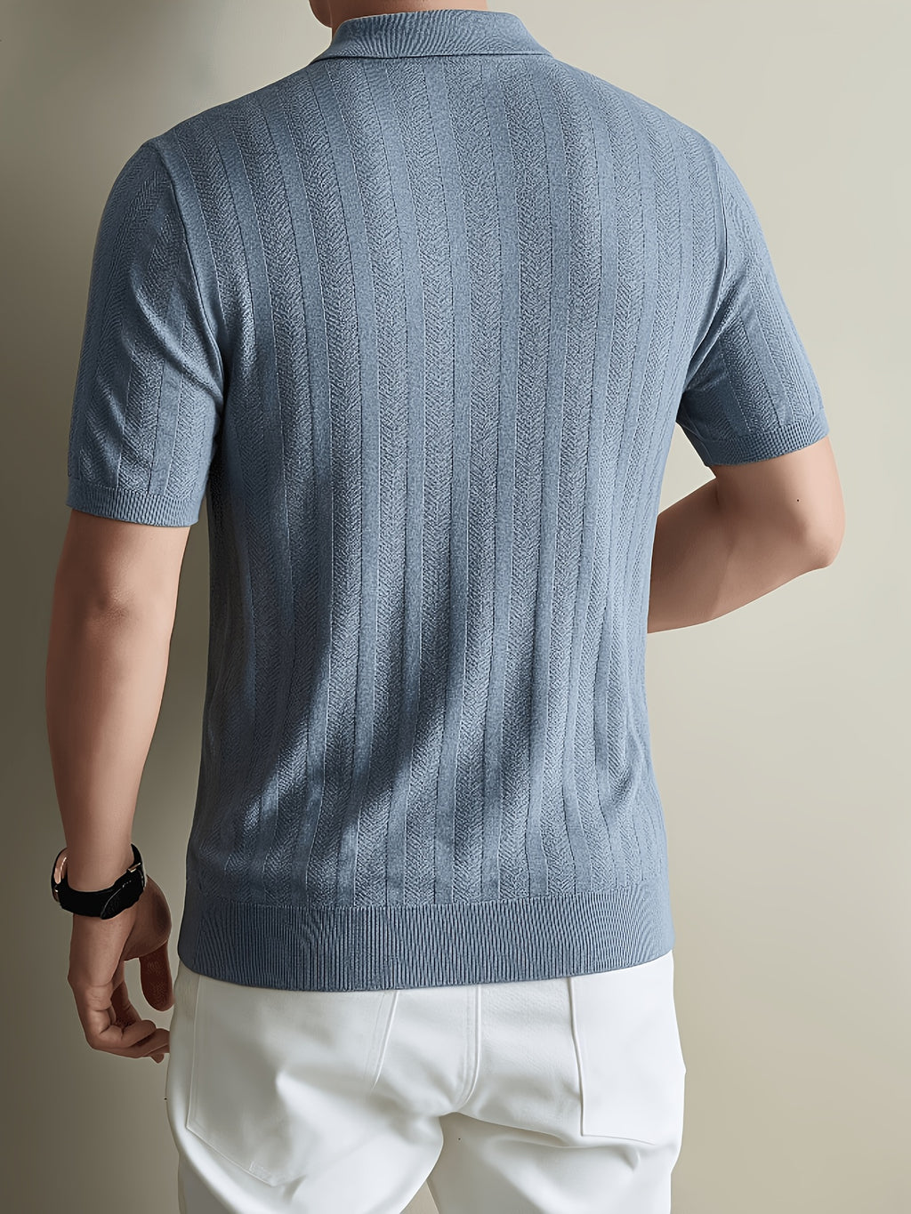 Brand Men'S Half-Zip Knitted Polo Shirt Short Sleeve Vertical Ribbed Texture Lapel Casual Summer Golf Polo Tee - Sea Polish