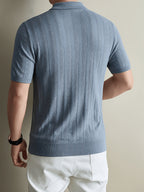 Brand Men'S Half-Zip Knitted Polo Shirt Short Sleeve Vertical Ribbed Texture Lapel Casual Summer Golf Polo Tee - Sea Polish