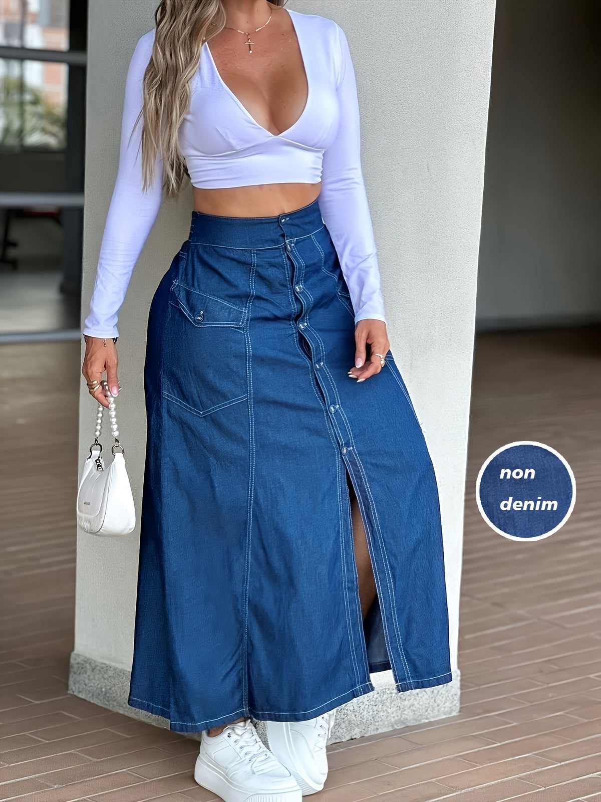 [Printed Skirt - Not Denim Fabric]Spring/Autumn High-Waist Retro Half-Skirt, Women'S Button-Front Slit Hem Casual Long Skirt (Non-Denim) - Blue