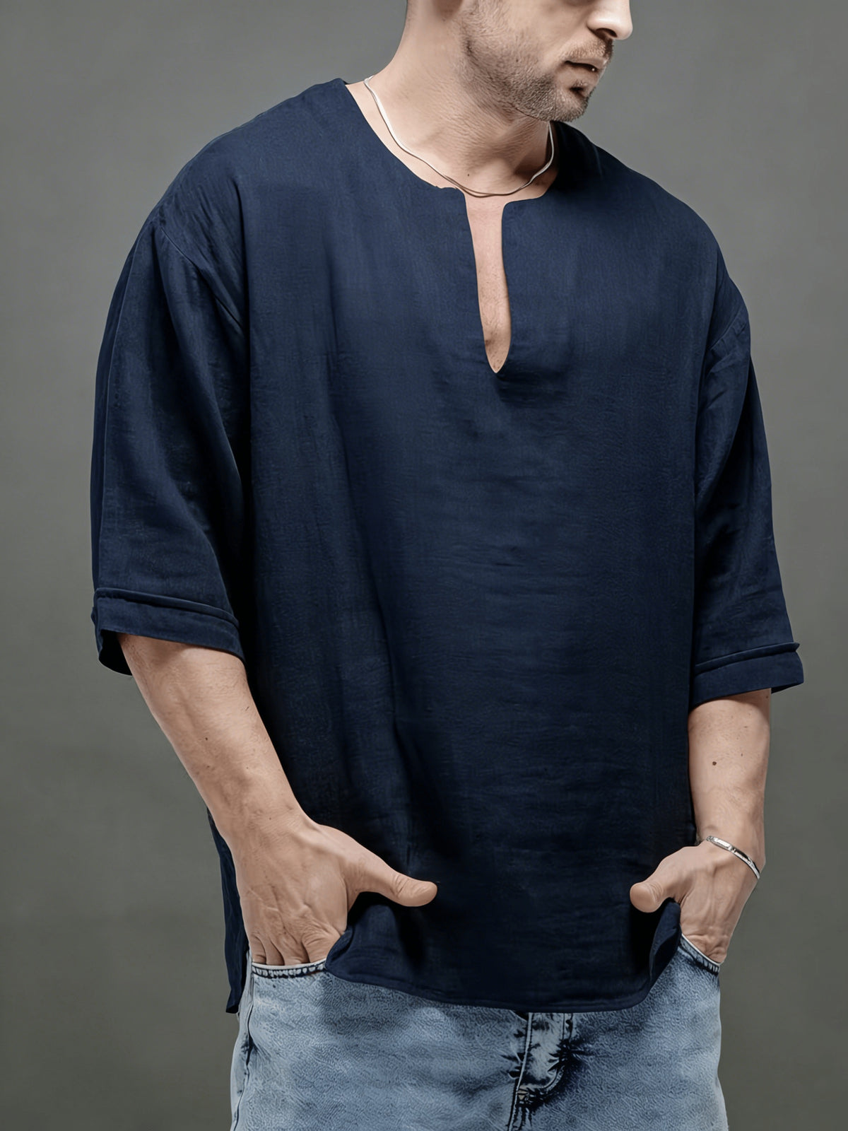 Men'S Casual Linen Short Sleeve Shirt - Lightweight And Breathable, Perfect for Beach, Summer, Weddings, And Outdoor Activities, Outdoor Casual Top | V-Neck Short Sleeve T-Shirt | Breathable Fabric - Navy Color