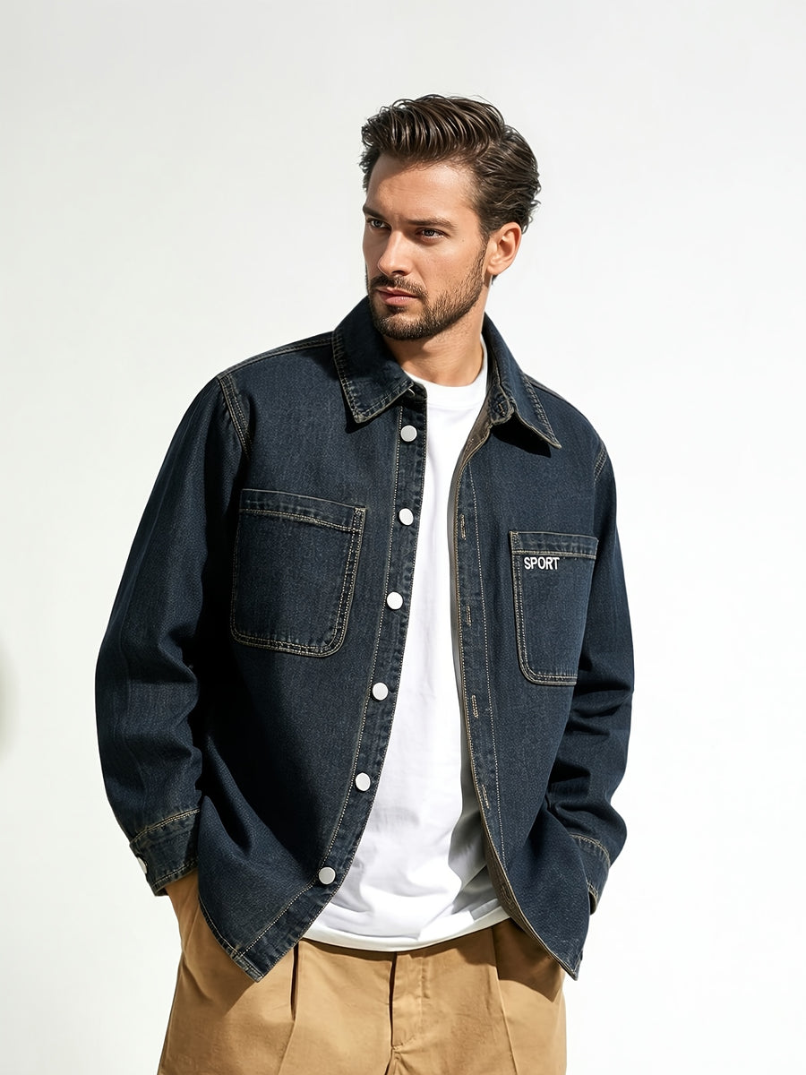 Japanese-style Workwear Non-Stretch Denim Shirt Jacket, Vintage Distressed Loose Fit Versatile Lapel Long Sleeve Top - Sea Blue
