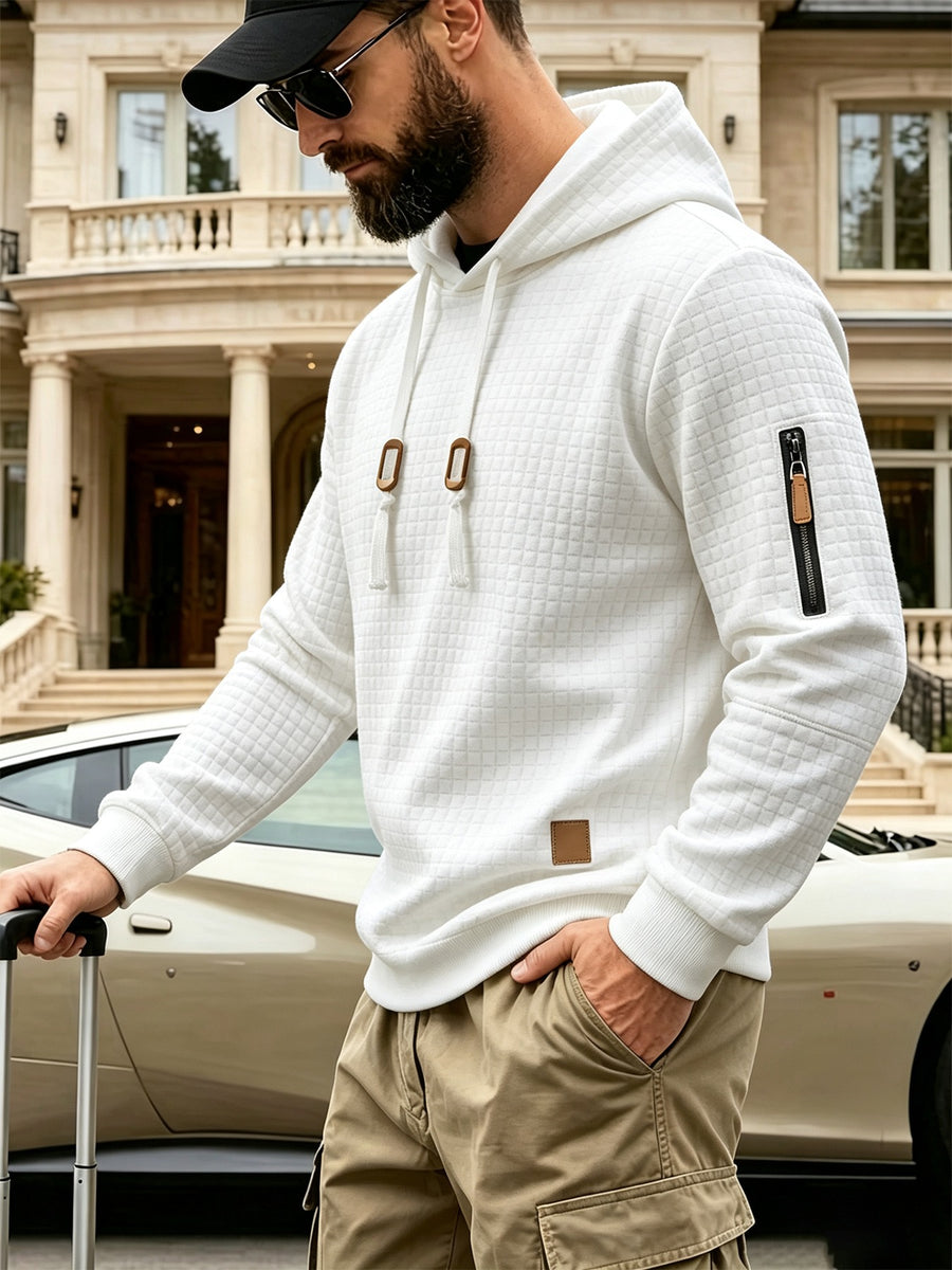 2pcs Men'S Checkered Hooded Sweatshirts, Long Sleeve Pullover Tops, Regular Fit Knit Fabric, with Zippered Pockets, Soft Stretch Knit Sweater, Lightweight Casual, Suitable for Spring Fall Travel Streetwear - + Navy Blue