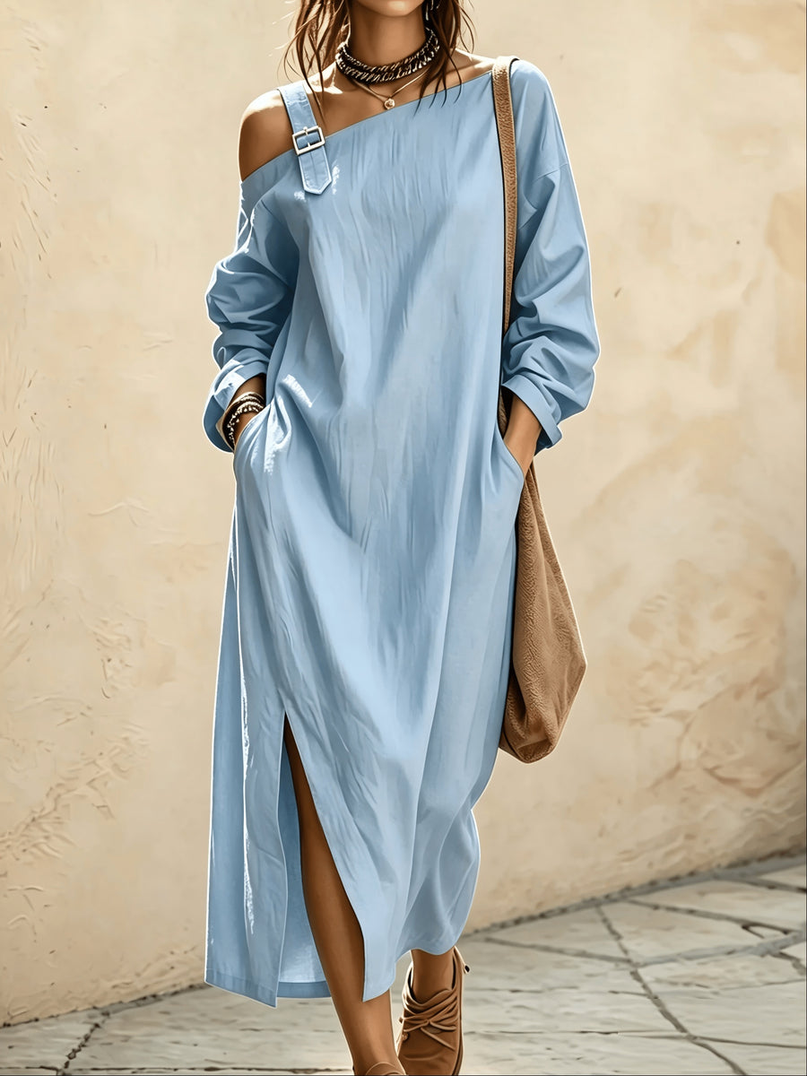 Women's Asymmetric Off-Shoulder Long Dress, Casual Long Sleeve Loose Split Midi Dress with Pockets, Suitable for Daily Commuting, Vacation, and Office Wear - Sky Blue