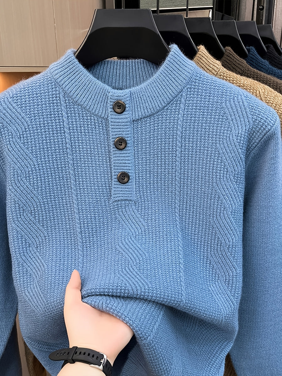 Spring And Autumn Men'S Half-Button Henley Collar Knit Sweater 3D Jacquard Texture Warm Easy And Atmospheric Middle-Aged Men'S Commuter Pullover - Blue