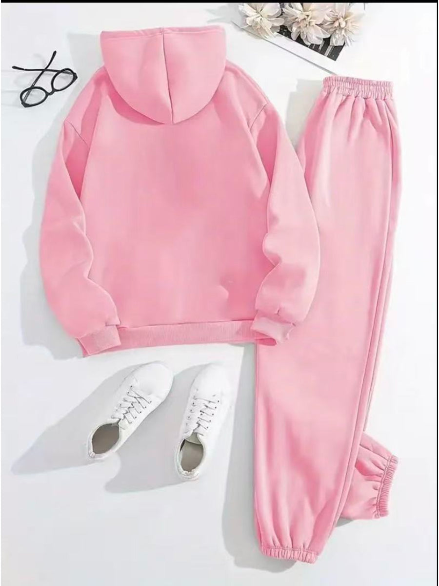 Autumn And Winter ECG Heart Pattern Printed Women'S European And American Fashion Fleece Hooded Sweatshirt Set for ' Casual Wear - Pink Color