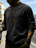 Men's Retro Linen Henley Shirt - Adjustable -Neck Collar & Drawstring Neckline, Lightweight Breathable Suitable for Beach Vacations, Resort Travel, Outdoor Leisure, Casual Pullover Top with Hem, Machine Washable Loose Fit - Black