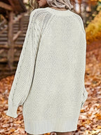 Women's Sweater Dress, Women's Long Sleeve Crew Neck Textured Knitted Dresss - White