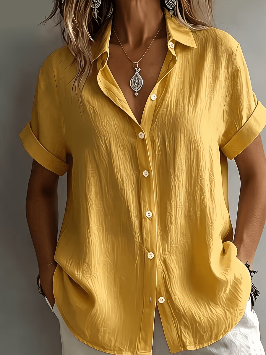 Women's Elegant Vacation-style Short-sleeve Top, Loose and Relaxed Shirt, Commuting Casual Literary Style, Figure-flattering, Daily Temperament Style, Loose and Draping, Breathable and Comfortable - Yellowish-brown