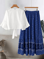Plus Size Women'S Lace Trim Fashion Set, Suitable for Spring/Summer Vacation Casual All-Match Two-Piece Outfit - Blue