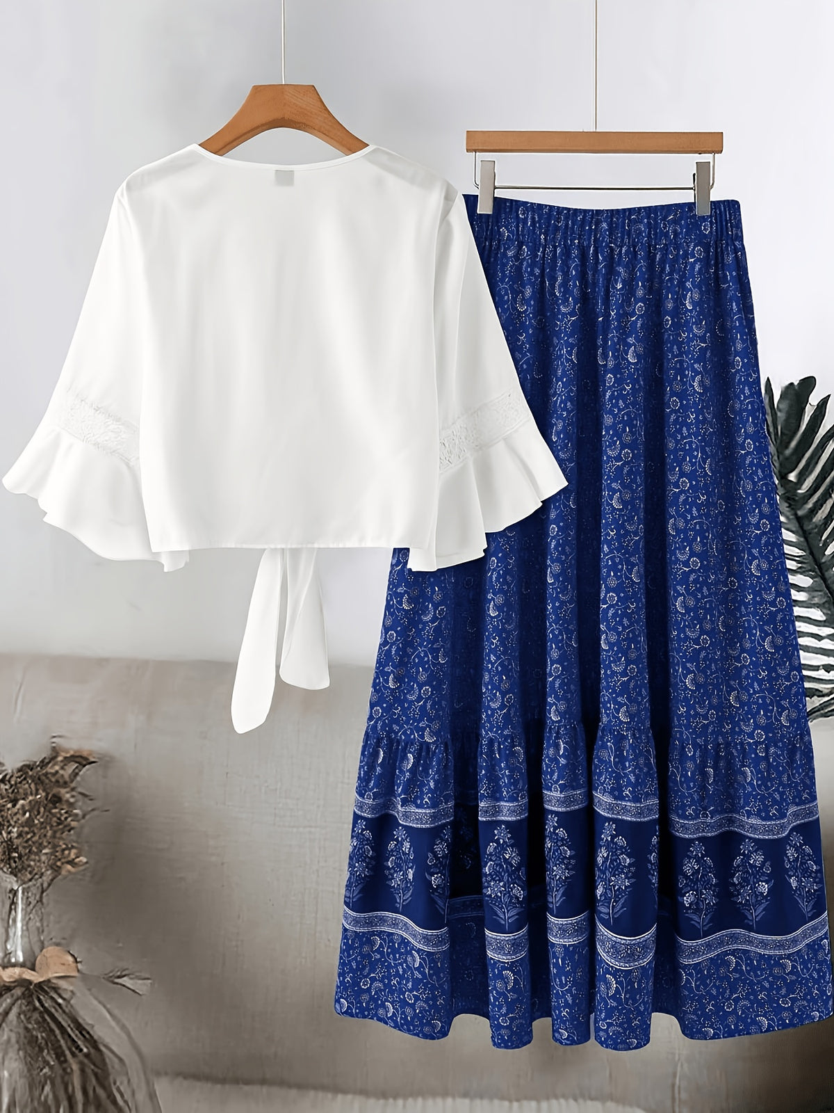 Plus Size Women'S Lace Trim Fashion Set, Suitable for Spring/Summer Vacation Casual All-Match Two-Piece Outfit - Blue
