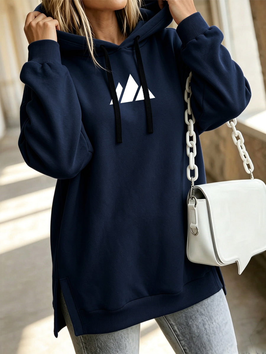 Women'S Fashion Hooded Sweatshirt for Autumn And Winter - Pattern Print Design, Side Slit Detail, Pullover Hoodie - Navy Color
