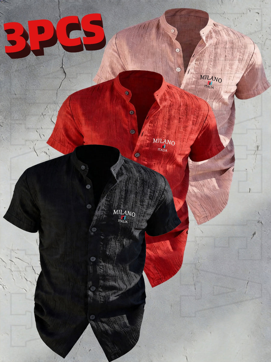 Josh Rose OBOM | Lightweight and Breathable Solid-color Button- Shirt with Geometric Pattern, Featuring a Simple Stand-up Collar Design. Suitable for Beach Vacations, Pool Parties, and Casual Wear. Comfortable and Simple for Daily Outings - Black+red+rose Red