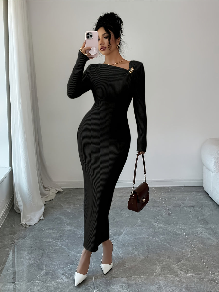 Elenzga Women'S Solid Color Long Sleeve Asymmetric Collar Bodycon Midi Dress | Elegant, Metal Decoration, Suitable For Spring/Summer/Fall - Black