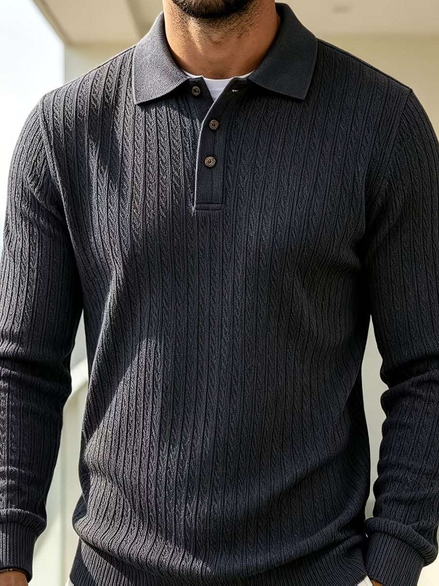 2026 New Men's Long-Sleeve Polo Shirt, Jacquard Texture Lapel Top, Casual Three-Button Knitted Business Versatile Long-Sleeve T-Shirt - Navy Color