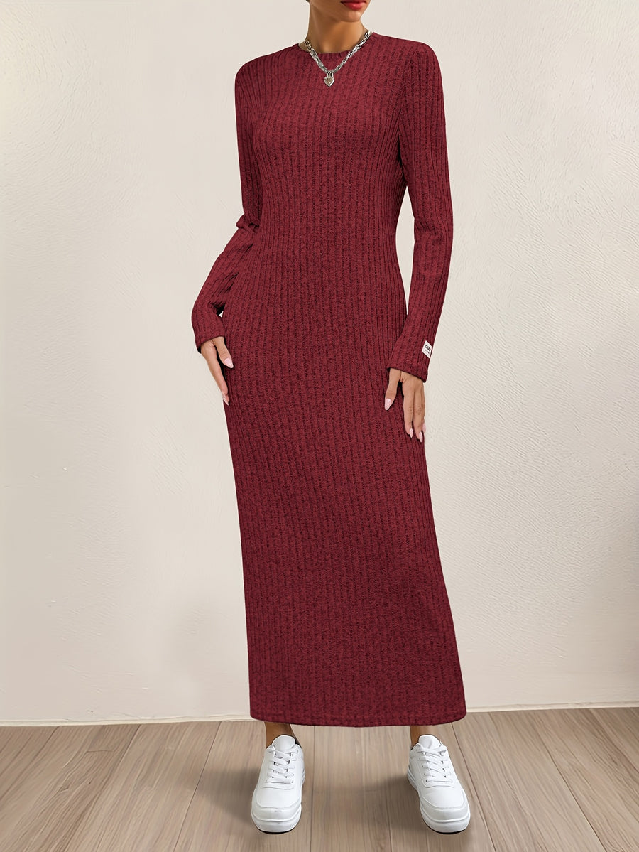 New Women's Round Neck Pullover Long Dress, Suitable for Home Wear, Outerwear, or as a Base Layer, Long Sleeve, Slim Fit, Loose Fit, A-Line, Solid Color, Ribbed, Relaxed Style Long Dress - Burgundy