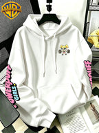 Warner Bros Official Dumbbell Bubble Cartoon Print Hoodie - Men's Fashion Hoodie with Adjustable Drawstring, Loose and Comfortable Sweatshirt, Suitable for Daily and Outdoor Sports Wear, the Perfect Choice for Warmth in Autumn and Winter! Sizes - White
