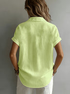 Women's Relaxed Holiday Style Micro-Wrinkle Textured Lapel Short-Sleeve Shirt, Loose Open Front Single-Breasted Drop Shoulder Fit, Casual Rolled Hem Short Sleeve V-Neck Open-Wear Design, Natural Breathable Dry Skin-Friendly Textured Fabric - Green