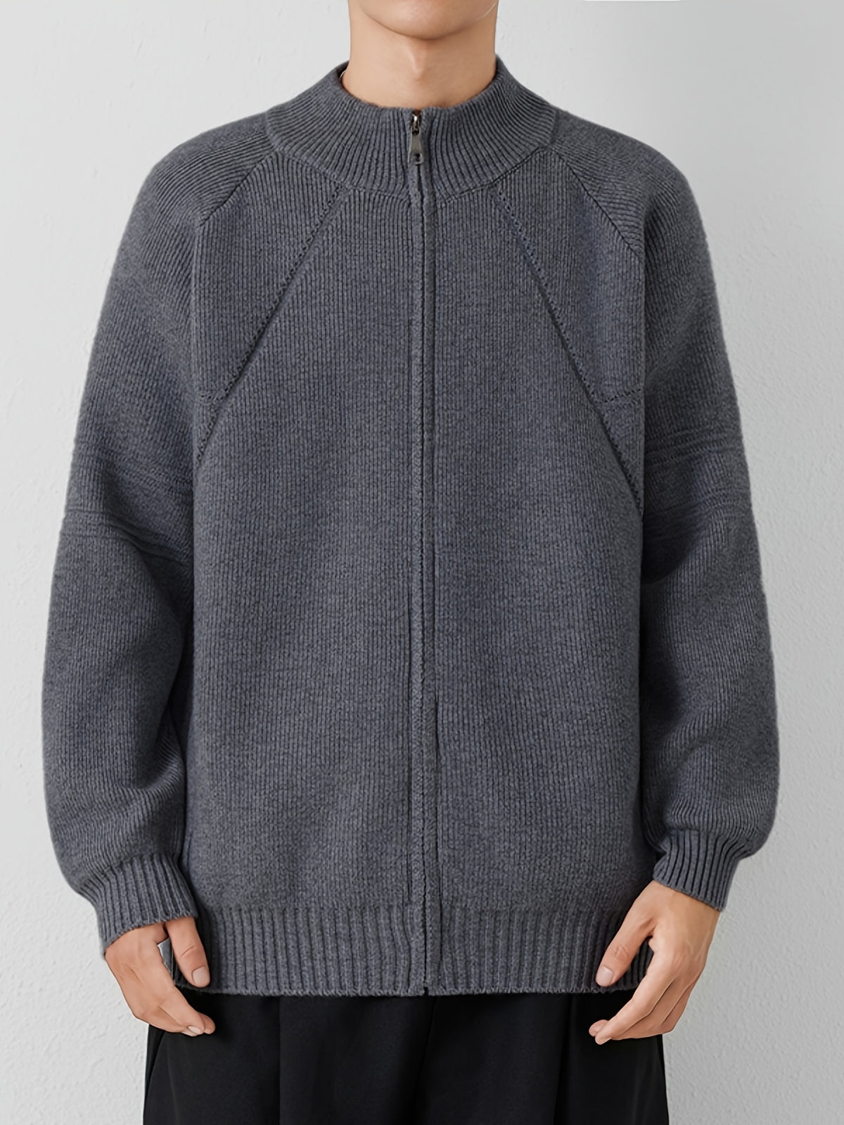 [Wading Whale OBM] 1pc Autumn Winter New Men'S Knit Cardigan, Old Money Style Textured Solid Color Round Neck Zipper Front Long Sleeve Sweater Vest Top, Men'S Casual Fashion, Suitable for Autumn And Winter Wear, Fits Daily Commute, Office Casual - Dark Gray
