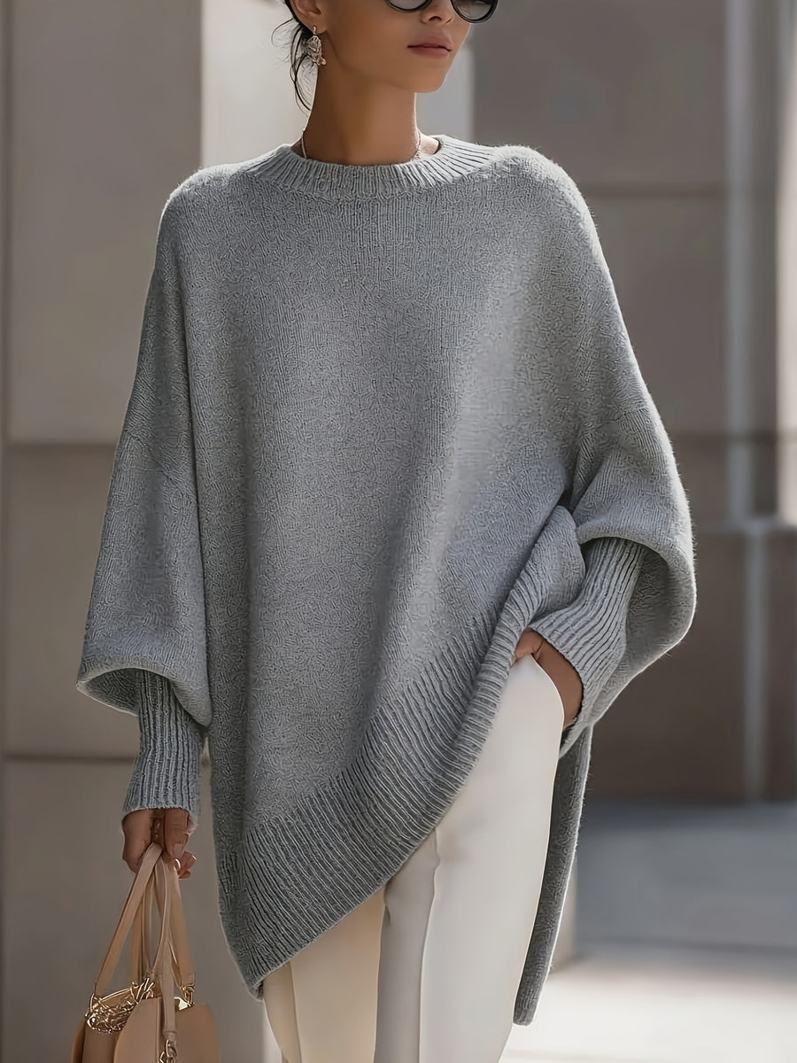 French-style Relaxed Silhouette Top, Irregular Slanted Hem Loose Lantern Sleeve Sweater, Gentle and Elegant Loose Fit That Is, Urban Casual Style - Grey