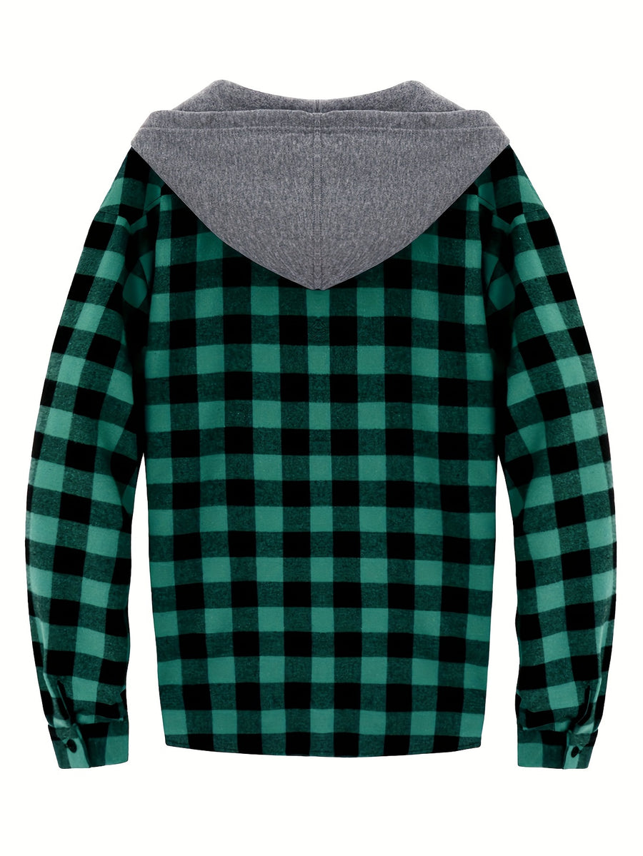 Men's Fashion Hooded Plaid Trendy Shirt Hooded Plaid Sweatshirt, Autumn/Winter Essentials, New Season - Dark Green