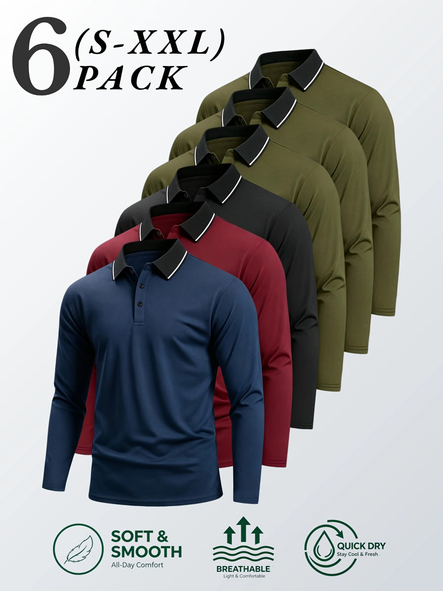 6pcs/Set Striped Lapel Long Sleeve Casual Sports Mesh Quick-Dry Breathable Comfortable POLO Shirt Basic Solid Color - Green 3 + Navy Blue + Red + Black