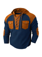 [Starry OBM] Men'S Spring/Summer New Fashion Textured Drawstring Hooded Polo Shirt, Men'S Hooded Pullover, Shoulder Panel Design Top, Multifunctional Pocket Design Jacket, Retro Versatile Trendy Fashion Sweatshirt, Men'S Casual Wear, Holiday Gift - Navy Color