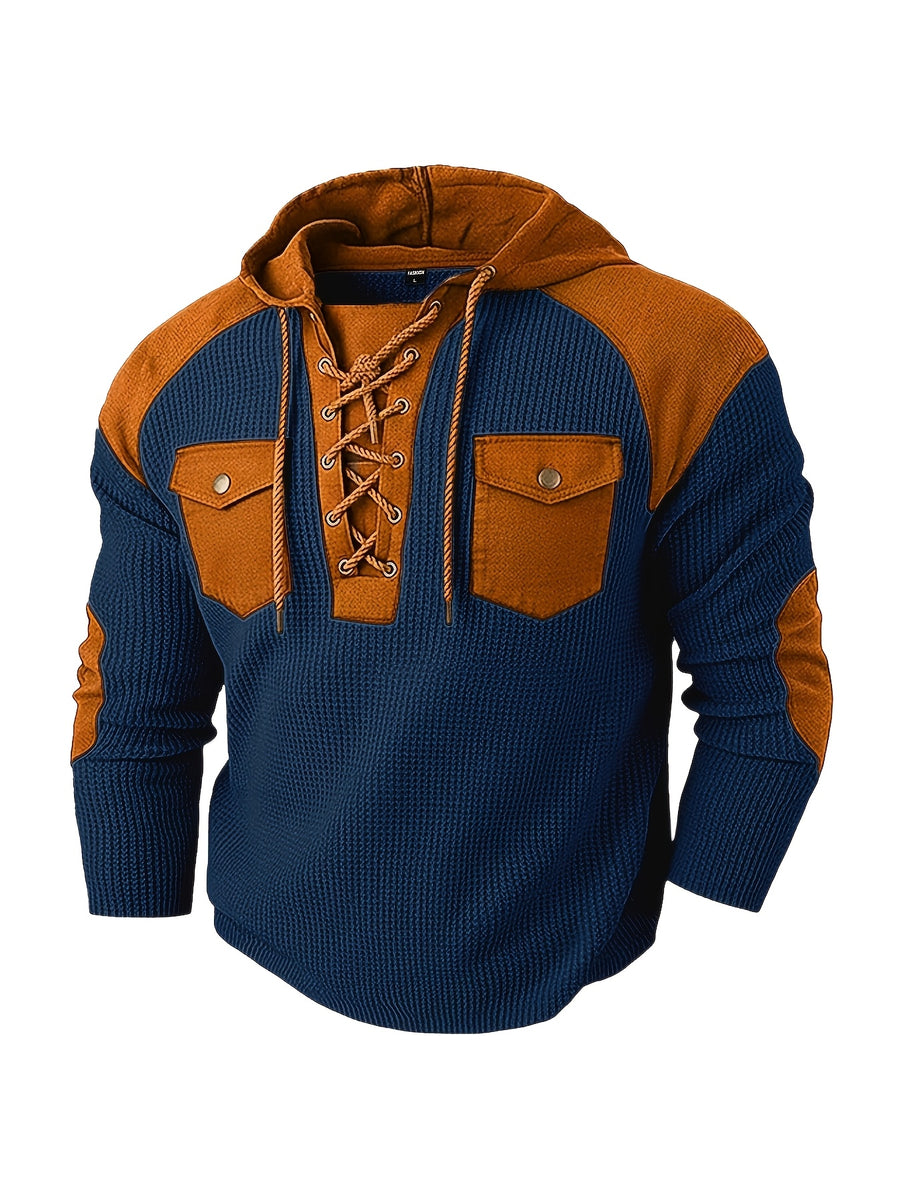 [Starry OBM] Men'S Spring/Summer New Fashion Textured Drawstring Hooded Polo Shirt, Men'S Hooded Pullover, Shoulder Panel Design Top, Multifunctional Pocket Design Jacket, Retro Versatile Trendy Fashion Sweatshirt, Men'S Casual Wear, Holiday Gift - Navy Color