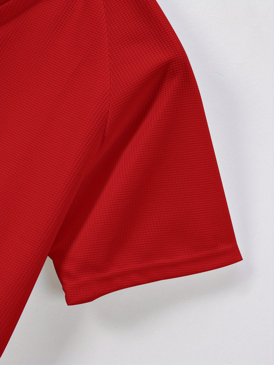 Breathable and Comfortable Men's Casual Short-sleeve Henley Waffle Knit Shirt with a Stand-up Collar - Red