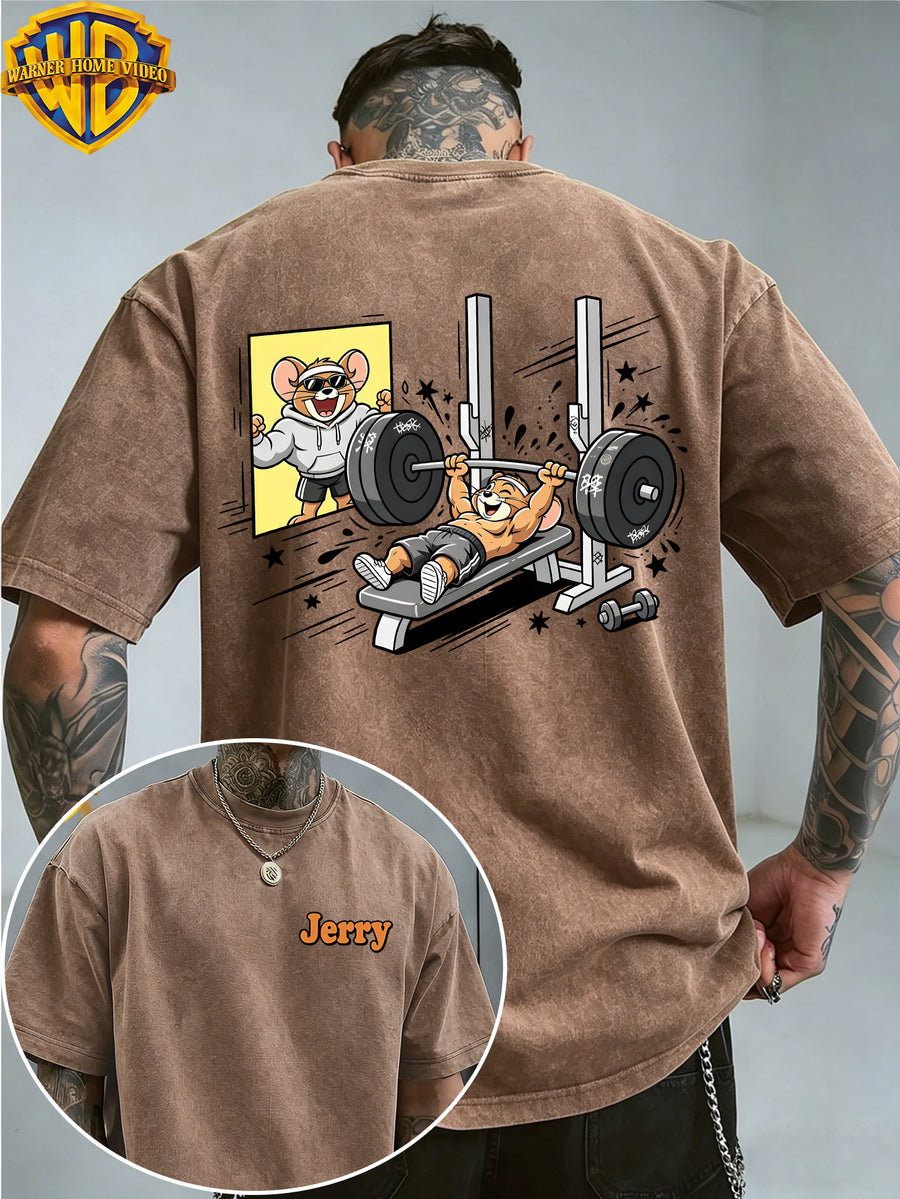 Officially Licensed by Warner Bros., Men'S Short-Sleeve T-Shirt with Playful 'Little Mouse Lifting Weights' Print, Featuring an American Retro Washed And Distressed Look. Perfect for Outdoor Activities And Daily Commutes; Machine Washable - Coffee Brown