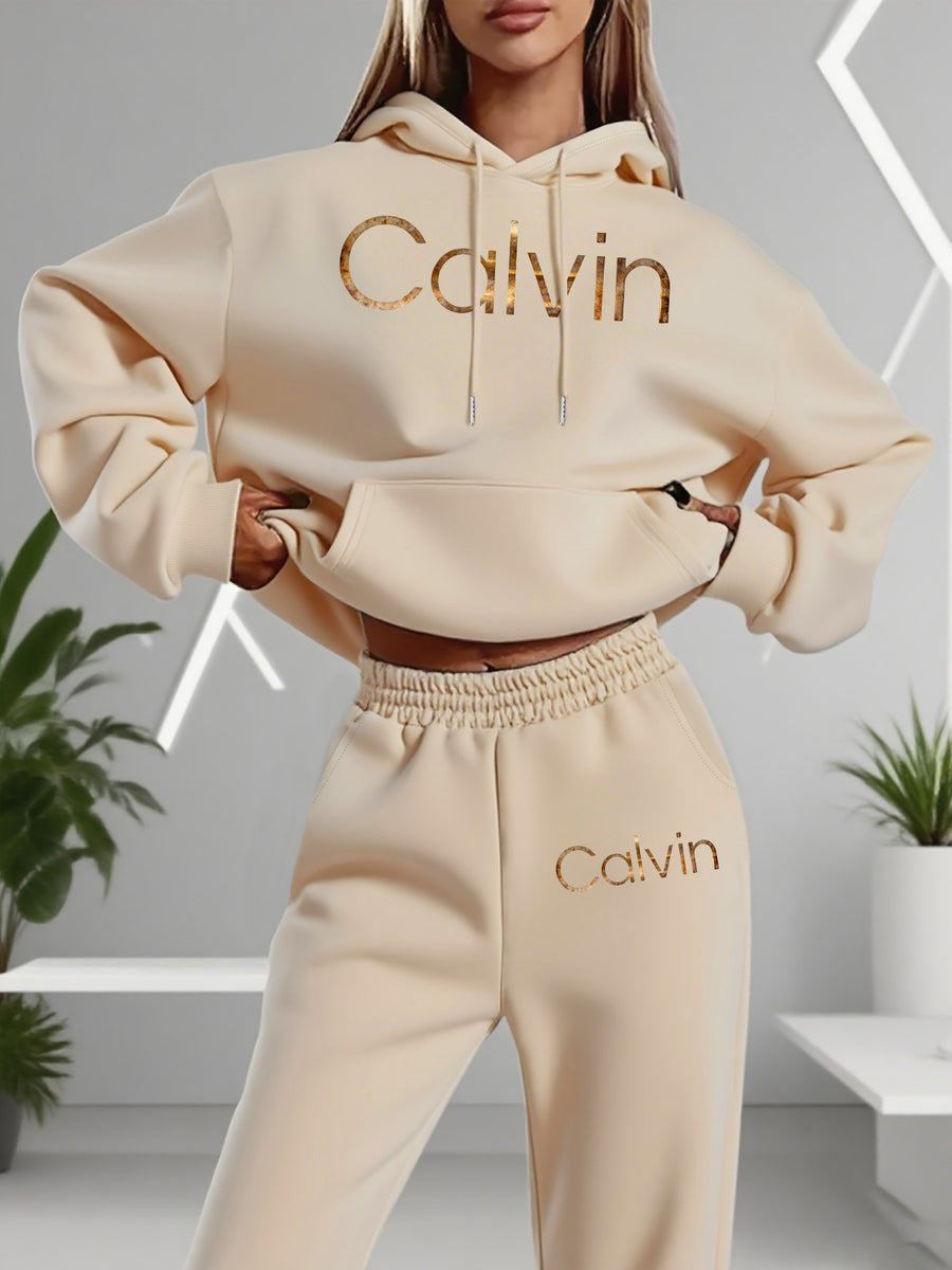 Graphic Print Two-Piece Set, Crew Neck Sweatshirt And Pants, Women'S Clothing - Apricot