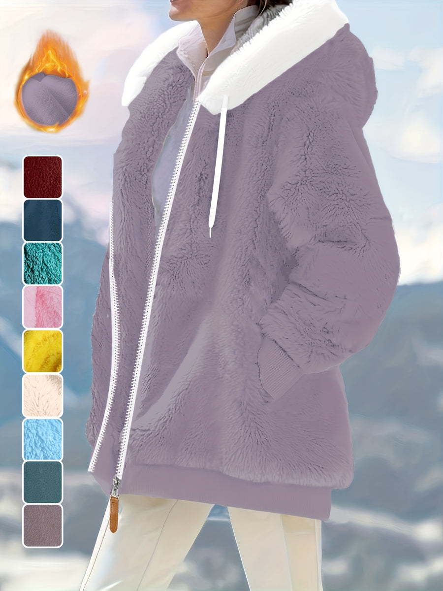 Ladies Autumn Winter Relaxed Cut Plush Hooded Outercoat, Contrast Color Trim Zip Front Warm Lined Jacket, Ribbed Cuff Windproof Casual Outerwear for Daily Commuting and Cold Season Everyday Styling - Fuchsia