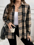 New Women's Plaid Pattern Button-Front Patch Pocket Casual Long-Sleeve Shirt - Classic Versatile Casual Comfortable Four-Season Elegant Shirt - Khaki
