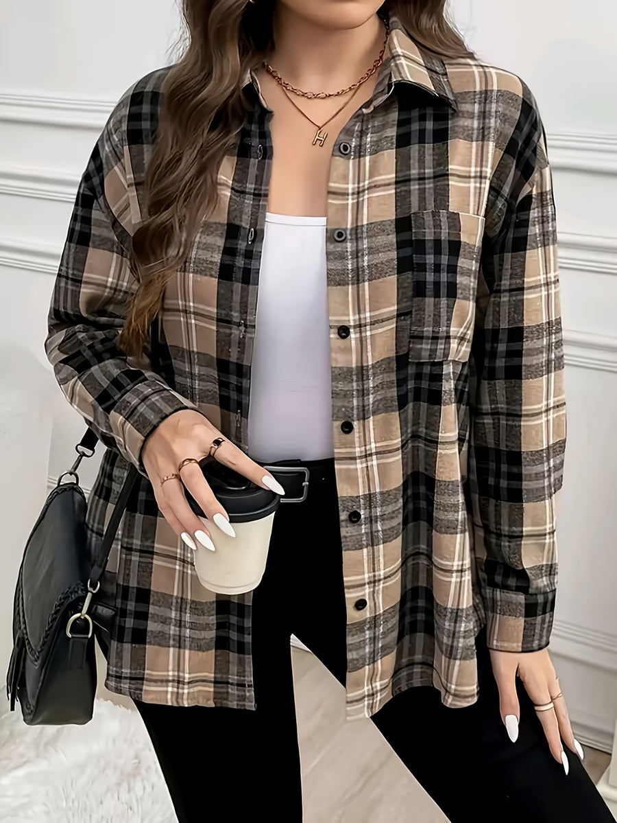 New Women's Plaid Pattern Button-Front Patch Pocket Casual Long-Sleeve Shirt - Classic Versatile Casual Comfortable Four-Season Elegant Shirt - Khaki