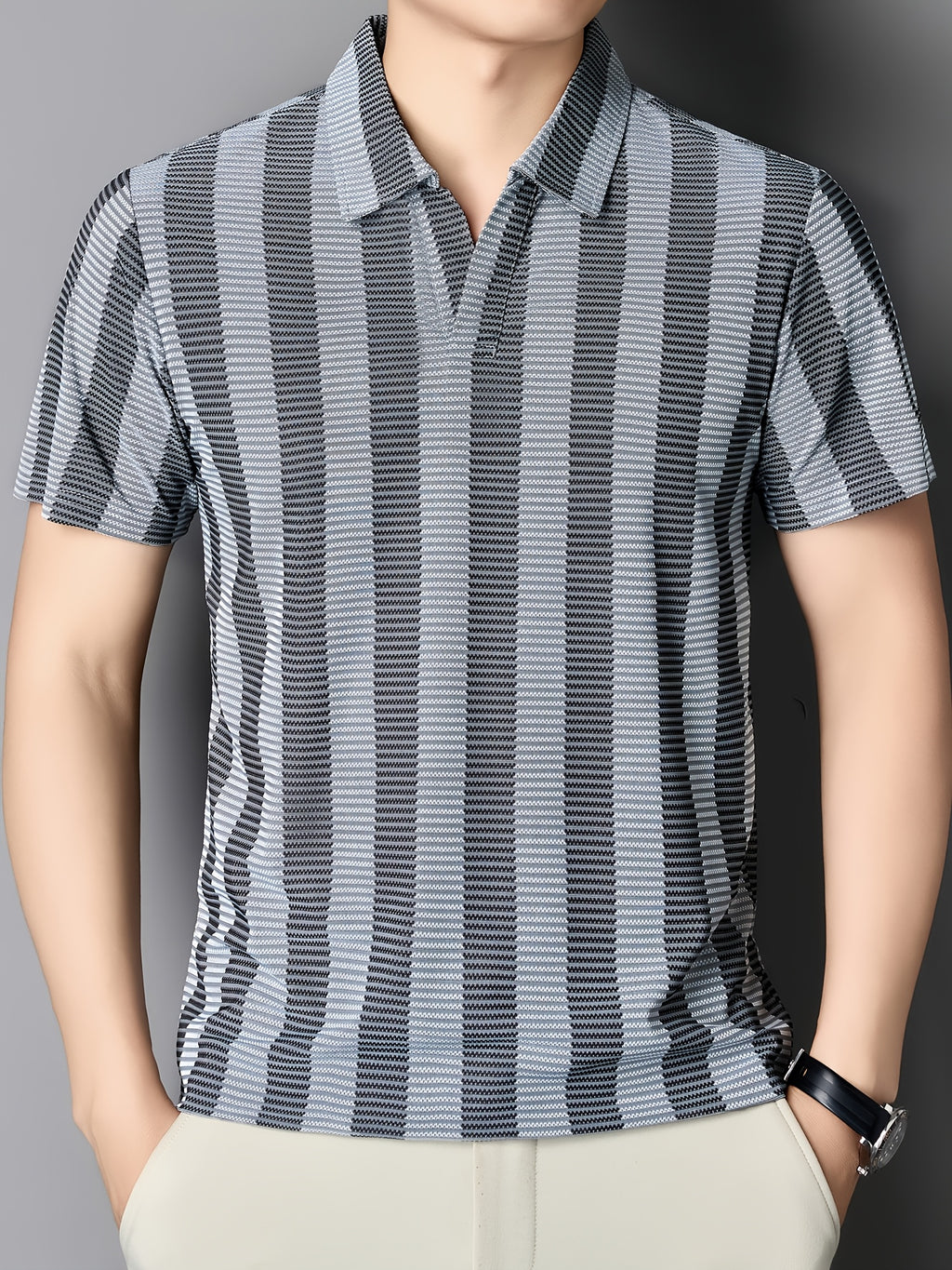 [Sleek Awakening OBM] Spring/Summer New Men'S Polo Shirt, Old Money Style Knit Jacquard Striped Contrast Half-Button Placket Cutaway Collar Short Sleeve T-Shirt for Men, Fashionable And Versatile Pullover Base Layer Top - Deep Grey