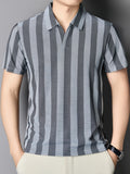 [Sleek Awakening OBM] Spring/Summer New Men'S Polo Shirt, Old Money Style Knit Jacquard Striped Contrast Half-Button Placket Cutaway Collar Short Sleeve T-Shirt for Men, Fashionable And Versatile Pullover Base Layer Top - Deep Grey