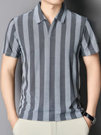 [Sleek Awakening OBM] Spring/Summer New Men'S Polo Shirt, Old Money Style Knit Jacquard Striped Contrast Half-Button Placket Cutaway Collar Short Sleeve T-Shirt for Men, Fashionable And Versatile Pullover Base Layer Top - Deep Grey