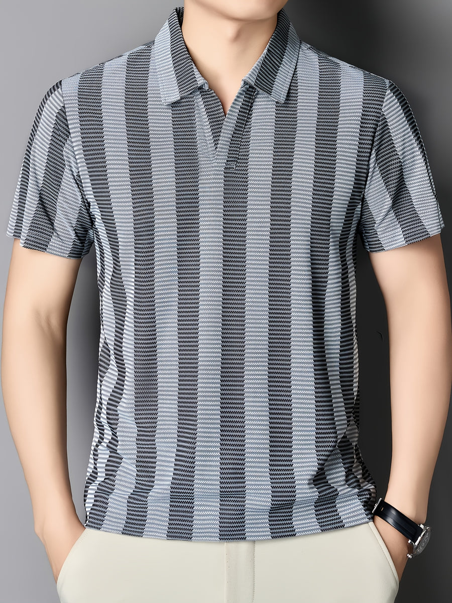 [Sleek Awakening OBM] Spring/Summer New Men'S Polo Shirt, Old Money Style Knit Jacquard Striped Contrast Half-Button Placket Cutaway Collar Short Sleeve T-Shirt for Men, Fashionable And Versatile Pullover Base Layer Top - Deep Grey