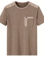 Men's Round Neck Short Sleeve with Shoulder Embroidery, Practical Chest Pocket in Waffle Breathable Fabric and Washed Distressed Finish - Coffee Color
