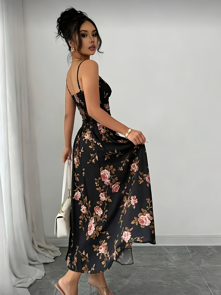 Summer Spaghetti Strap Backless Printed Dress, Elegant Women's Attire, Suitable for Valentine's Day, Beach, Thanksgiving, Graduation, Concerts, Brunch Parties, Commuting, Daily Wear, and Other Occasions - Black