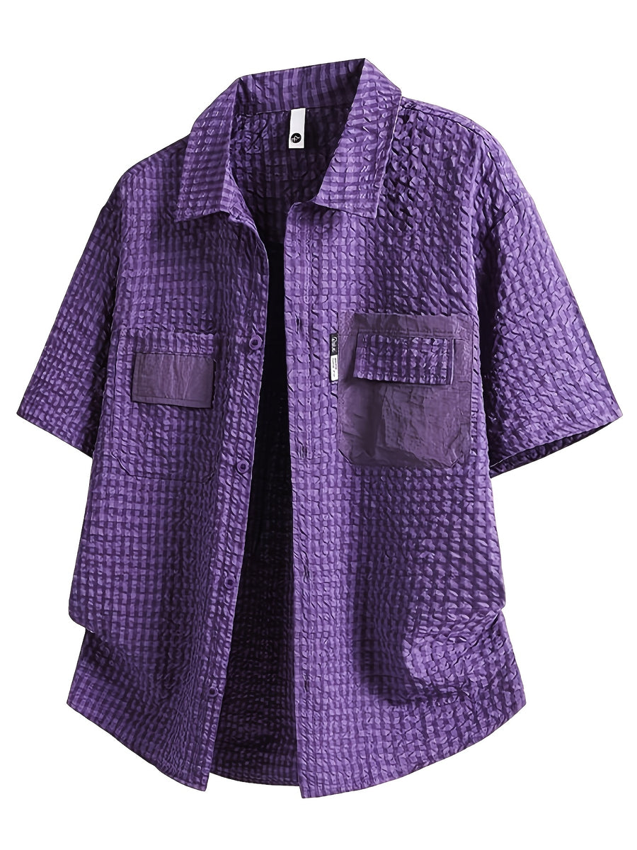 Men's Outdoor Workwear Short-sleeved Shirt Plaid Shirt Summer Loose Beach Shirt Lapel Shirt Top Multi-Pocket Large Size Shirt Affordable Men Oversized Plaid Shirts Size Men Casual Button Shirt Hot 2026 Streetwear - Purple