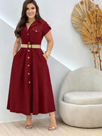 Summer New Elegant Fashion Commuter Versatile Party Women's Dress with Belt - Burgundy