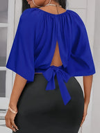 Tie Back Ruched Blouse, Elegant Solid Color Blouse For Spring & Summer, Women's Clothing - Blue