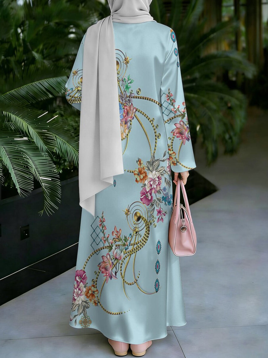 Women's Middle Eastern Style Muslim Elegant Robe, Light Blue Base with Colorful Floral Print, Loose Fit with Long Sleeves and Wide Hem, Suitable for Daily Wear, Parties, and Prayer, Breathable and Draping Fabric, Non-Embroidered, Muslim Women's - Mixed colors