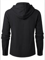 Minimalist Light Luxury Men's Linen Hooded Long-sleeve Garment. The Smooth Handwritten Letter Print on the Front Chest Enhances the Overall Style, While the Crisscross Tie-strap Construction Creates a Distinctive Neckline. The Long-sleeve Hooded - Black
