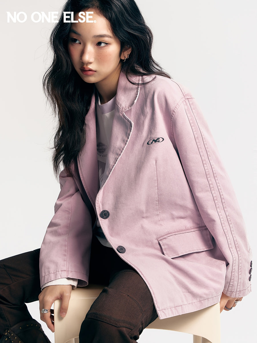 NO ONE ELSE Letter Print Blazer for Women, 2026 Spring New Arrival, Loose Fit Long Sleeve Casual Suit Jacket - gray pink