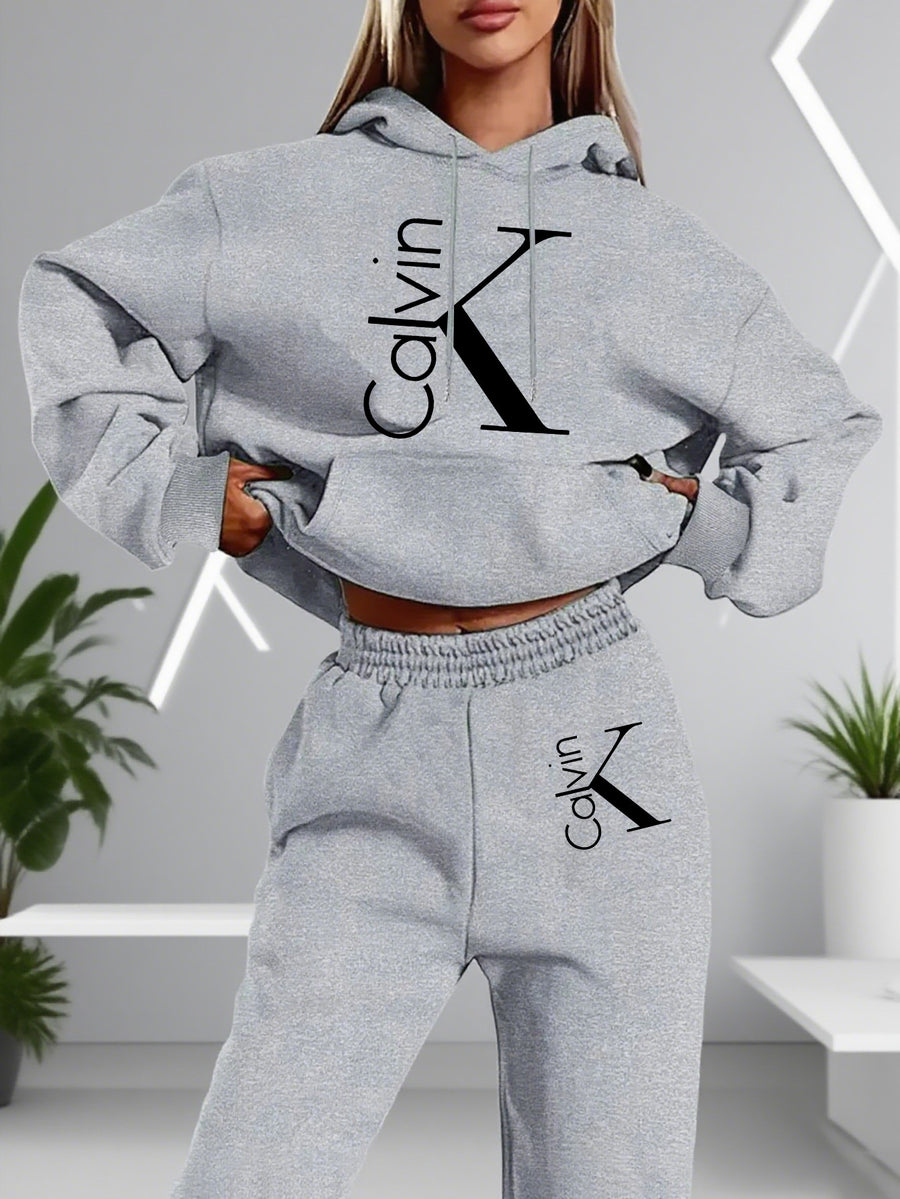 Graphic Print Two-Piece Set, Hoodie And Pants, Women'S Clothing - Grey