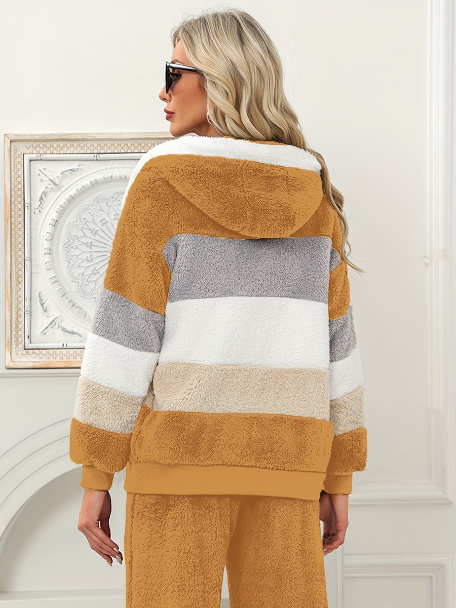 Women's Fuzzy Hooded Jacket Color Block Zip-Up Coat Warm Outerwear with Pockets for Autumn Winter Casual Outdoor Wear - Rust